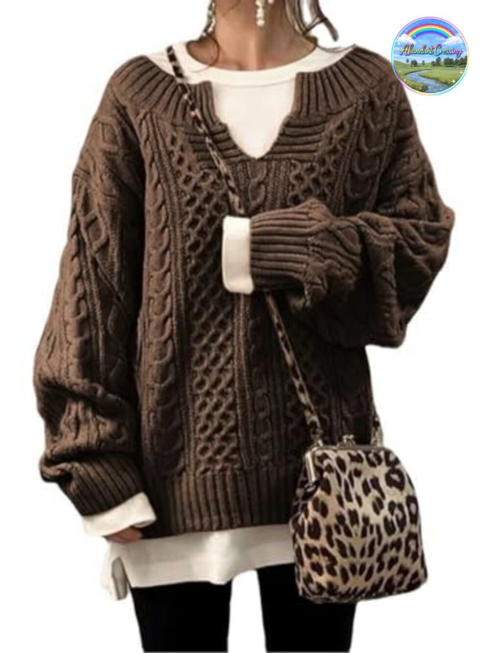 Women's Winter Chunky Cable Knit V Neck Long Sleeve Loose Sweater Pullover